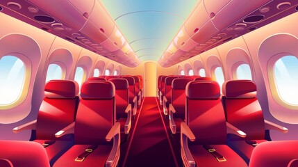 Vector illustration of the red interior of a passenger airplane cabin featuring seats and portholes.