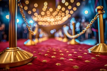 Glamorous Red Carpet Event with Golden Barriers and Cinema Lights in the Background. Concept Red Carpet Event, Golden Barriers, Cinema Lights, Glamorous, VIP Experience