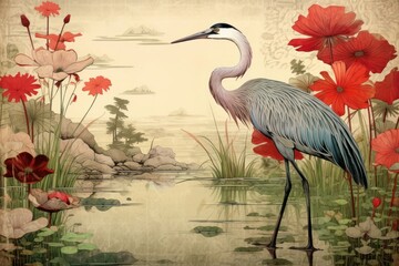 Naklejka na meble Ukiyo-e art lotus pond outdoors painting animal