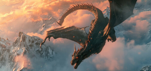 Wall Mural - powerful dragon flying in sky with clouds at sunrise.