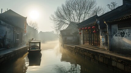 Wall Mural - Old town river with boat and Chinese lunar new year decoration in a foggy morning.