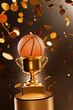 Basketball in golden winner cup in coin confetti. 3D rendering