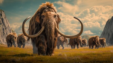 Wall Mural - a group of mammoth walking in grass land in ancient prehistoric enviroment.
