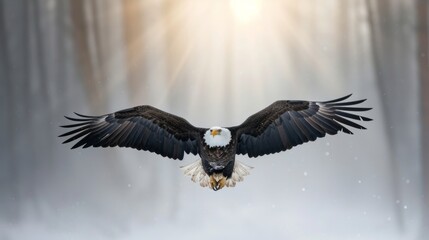 Wall Mural - A bald eagle flying over foggy forest mountain in sky in wild.