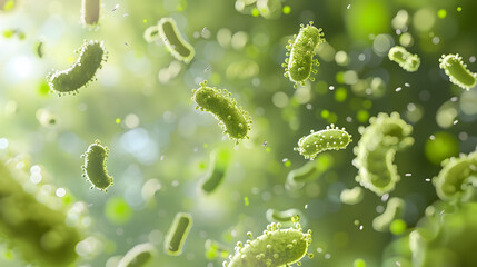Wall Mural - 3D rendering of bacteria in green color flying around each other. The background is blurred with a light lime gradient. giving the whole scene an elegant appearance. 