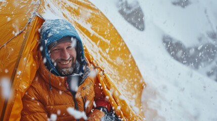 Canvas Print - A hiker camping in Grand Canyon with snow in winter.