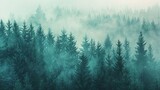 Fototapeta  - A misty landscape featuring a dense fir forest, rendered in a hipster vintage retro style