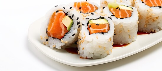 Poster - Plate of sushi rolls with dipping sauce