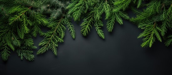 Wall Mural - Green pine tree branch close-up on black background