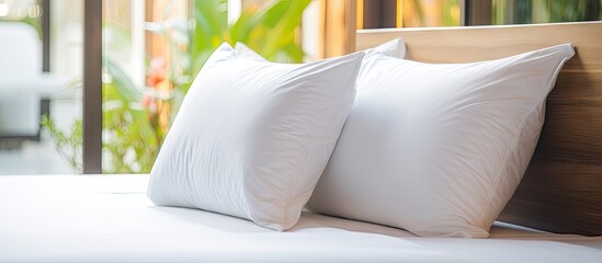 a bedroom with two cushions on the bed