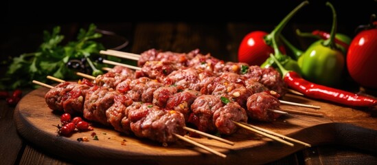 Wall Mural - Wooden cutting board with skewered meat