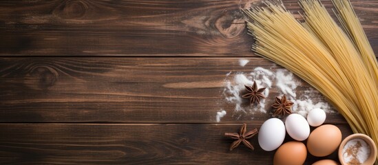 Wall Mural - Eggs and spices on wooden table