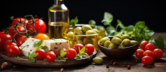 Canvas Print - Close up of a plate of olives, tomatoes, and cheese