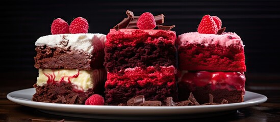 Sticker - Four cake slices with raspberries on plate