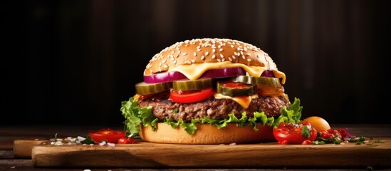 Poster - Burger with Cheese, Tomatoes, and Pickles on Cutting Board