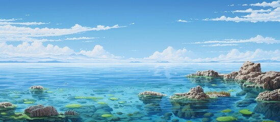 Wall Mural - Rocky shore with water lilies under blue sky