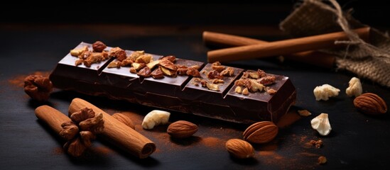 Wall Mural - Chocolate bar with nuts and cinnamon on table