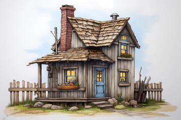 Wall Mural - Saltbox Style House (Cartoon Colored Pencil) - Originated in the 17th century in New England, characterized by a long, sloping roof that slopes down to the rear of the house