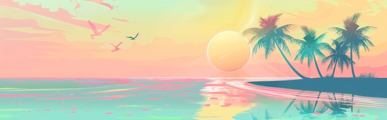 Wall Mural - beach with palm trees and the sun, using pastel colors birds flying in the sky, water reflections created with simple shapes Generative AI