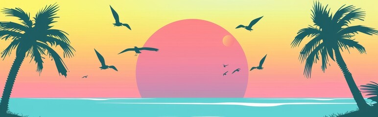 Wall Mural - beach with palm trees and seagulls, using pastel colors with a 1980s style Generative AI