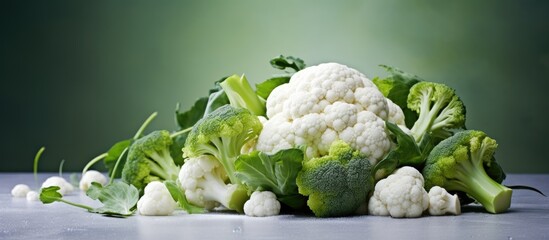 Poster - Pile of cauliflower on table with green leaves