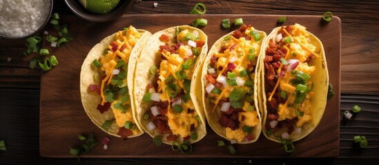 Wall Mural - Three tacos with savory toppings on wood board