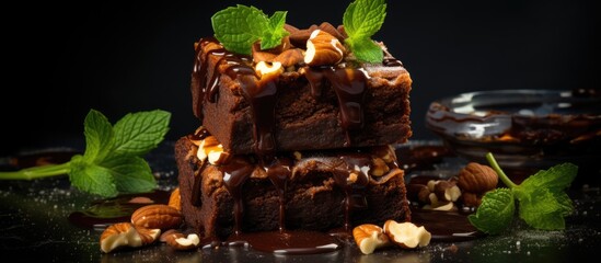 Wall Mural - Stack of nutty brownies with chocolate sauce