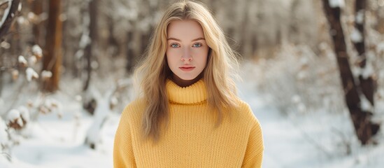 Wall Mural - Woman in yellow knitwear amid snowy woodland