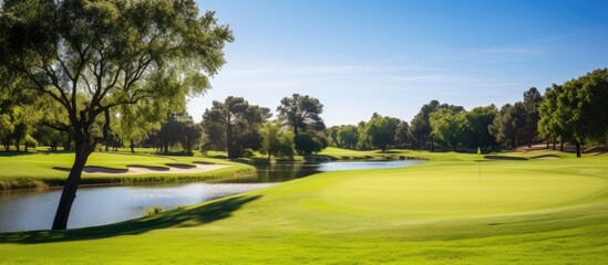 A serene pond on a golf course surrounded by trees