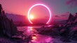 The great pink floating circle beyond the river that surrounded with a lot amount of the tall mountains at the dawn or dusk time of the day that shine light to the every part of the picture. AIGX03.