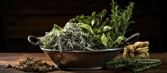 Wall Mural - Metal bowl with assorted herbs on wooden table