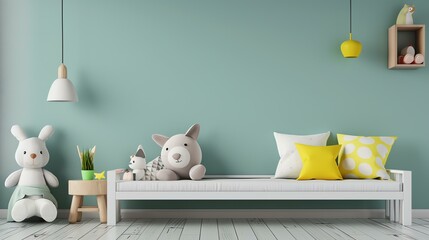 Adorable stuffed animals on a cozy sofa in a modern, gender-neutral nursery. The perfect backdrop for your little one's dreams.
