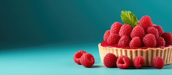 Poster - Close-Up of Raspberry Tart with Fresh Mint Leaf