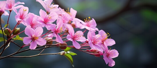 Poster - Pink flowers branch green leaves