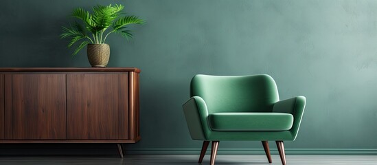 Canvas Print - Green chair and cabinet with plant in room