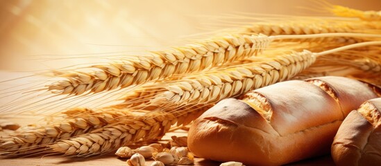 Wall Mural - Breads and grains on table beside wheat ears