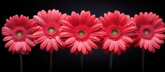 Canvas Print - Three delicate pink blooms with water beads on them on a dark backdrop