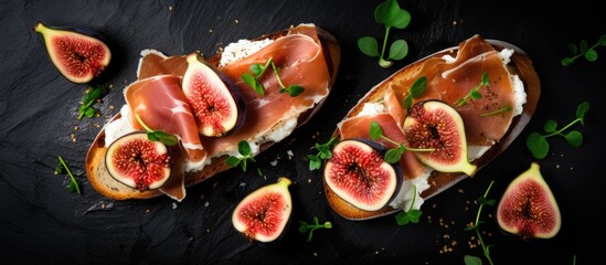 Canvas Print - Two fig and cheese sandwiches on black background