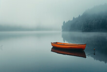A Misty Morning Scene With A Lone Boat Floating On A Calm Lake