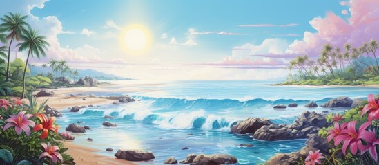 Wall Mural - Tropical beach sunset view with waves