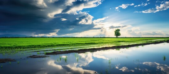 Sticker - A tree by a water puddle in a vast field