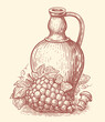 Clay jug with wine drink and bunch grapes. Winemaking, winery sketch. Hand drawn vintage vector illustration