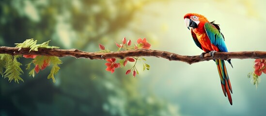 Poster - Colorful macaw perched on tree branch with red blooms