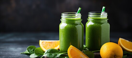 Canvas Print - Two green smoothie glasses with straws and oranges