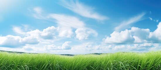 Wall Mural - Field of vibrant green grass under clear blue sky