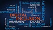 Digital Inclusion word tag cloud. 3D rendering, blue variant