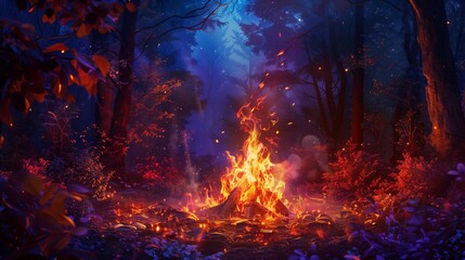 Wall Mural - Amidst the ancient woods, a mystical bonfire blazes with ethereal hues, casting a mesmerizing glow.3