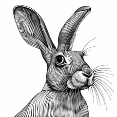 Wall Mural - A close-up of the face of a rabbit or hare. Animalism. Imitation sketch print in black and white coloring. Illustration for cover, card, postcard, interior design, decor or print.