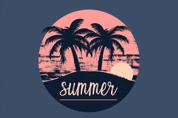 Wall Mural - two palm trees silhouetted against the setting sun on an arch shaped background The color palette includes soft pastel pink and navy blue tones  A large text reads 