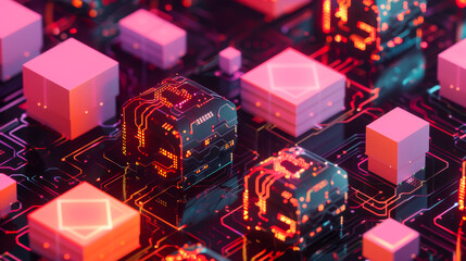 A computer chip is shown in a bright pink and orange color scheme